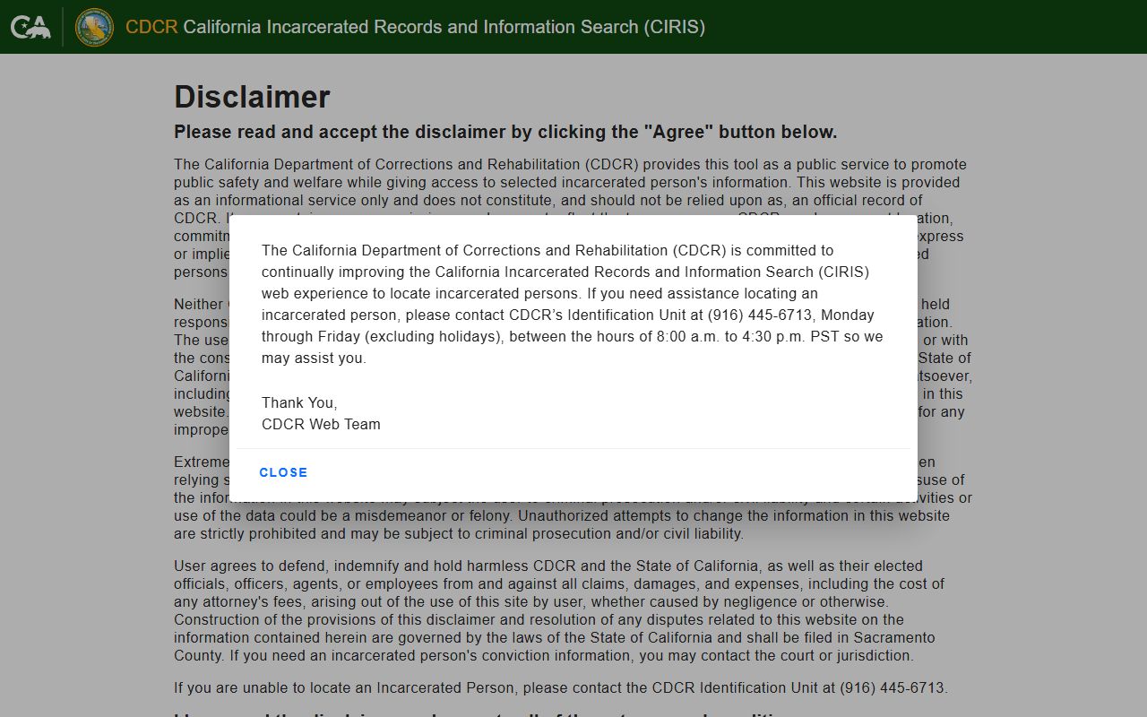 CDCR CIRIS statewide incarcerated person locator search screen