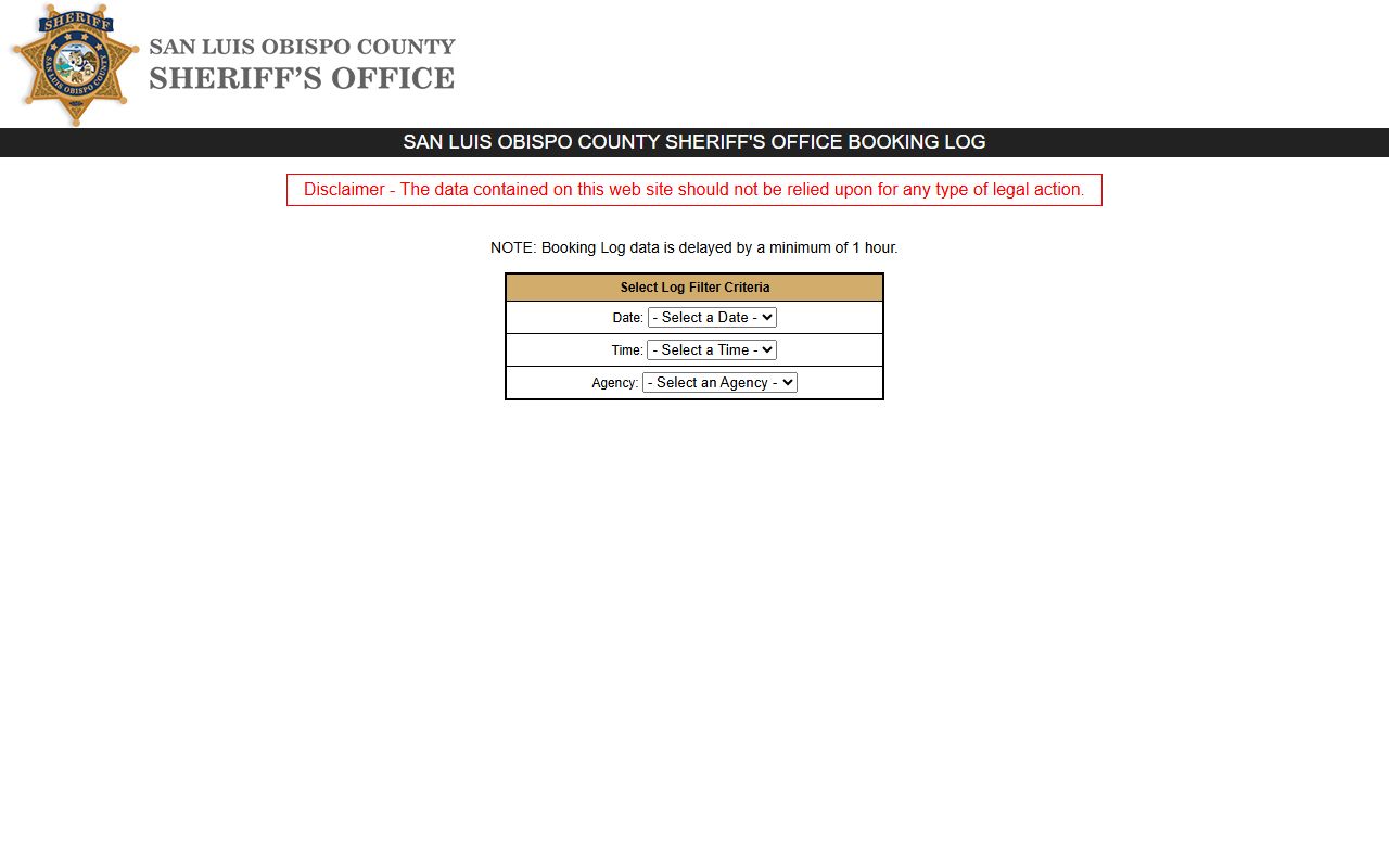 San Luis Obispo County booking log for jail mugshot identifiers