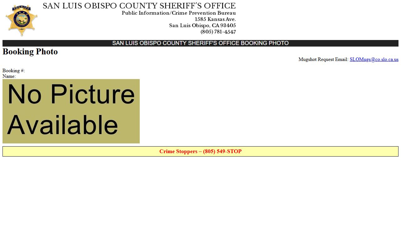 San Luis Obispo County jail mugshots booking photo request page