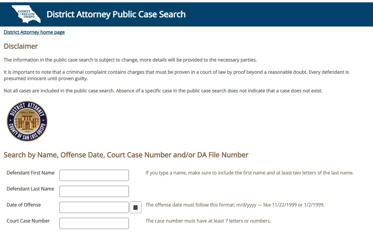 San Luis Obispo County District Attorney public case search form