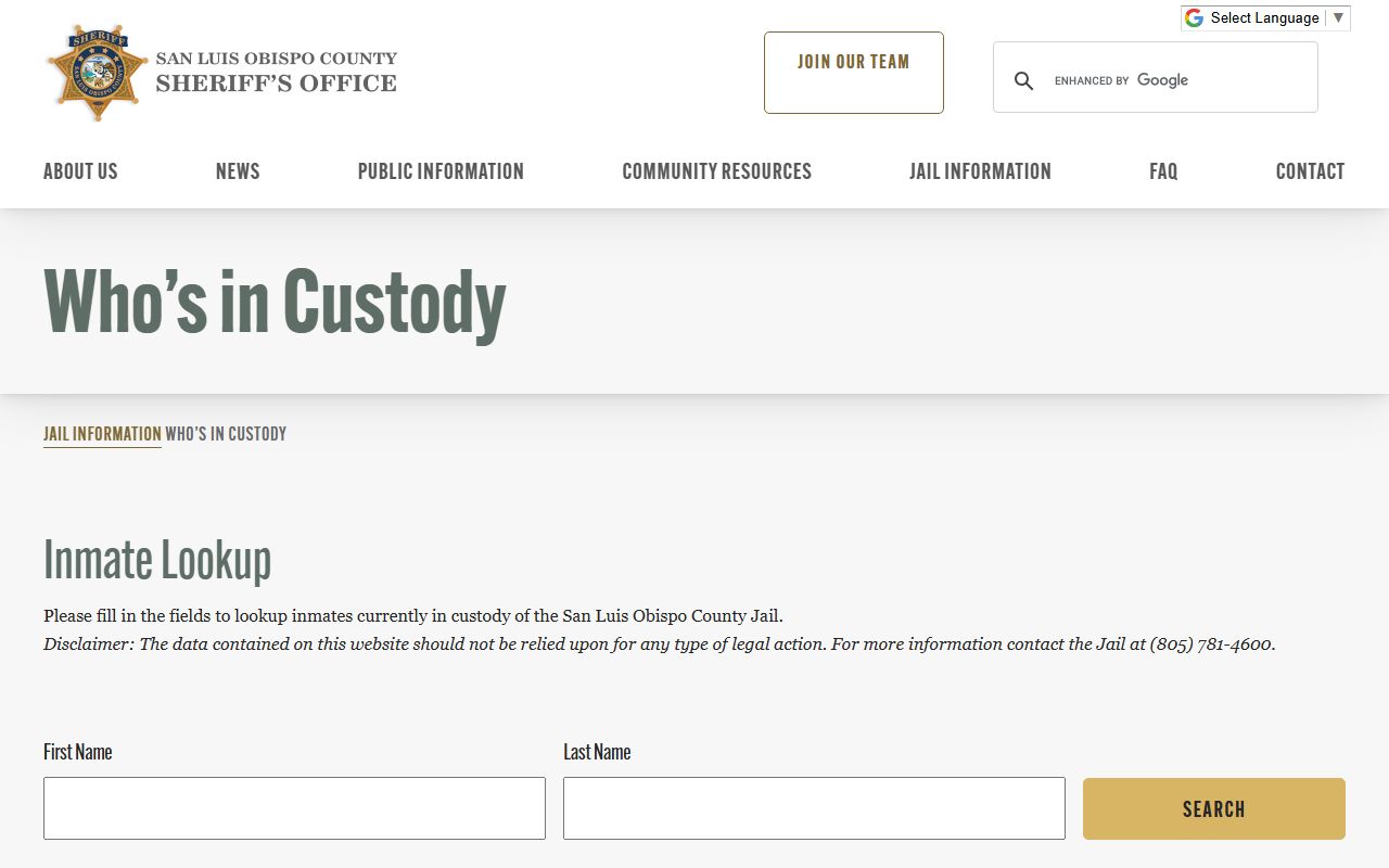 San Luis Obispo County Sheriff's Office Who's in Custody inmate search form